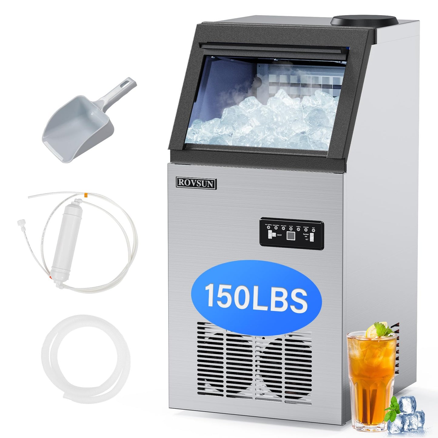 Countertop Ice Maker with Dual Water Inlets and Storage Basket