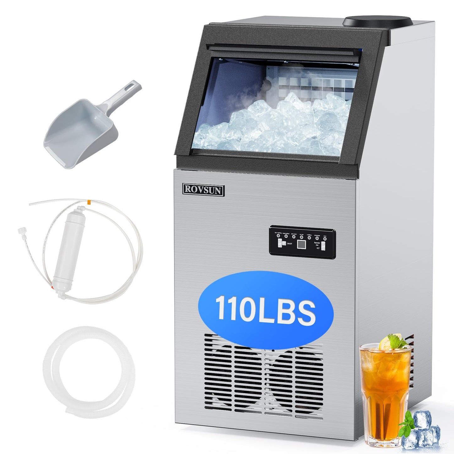 Countertop Ice Maker with Dual Water Inlets and Storage Basket