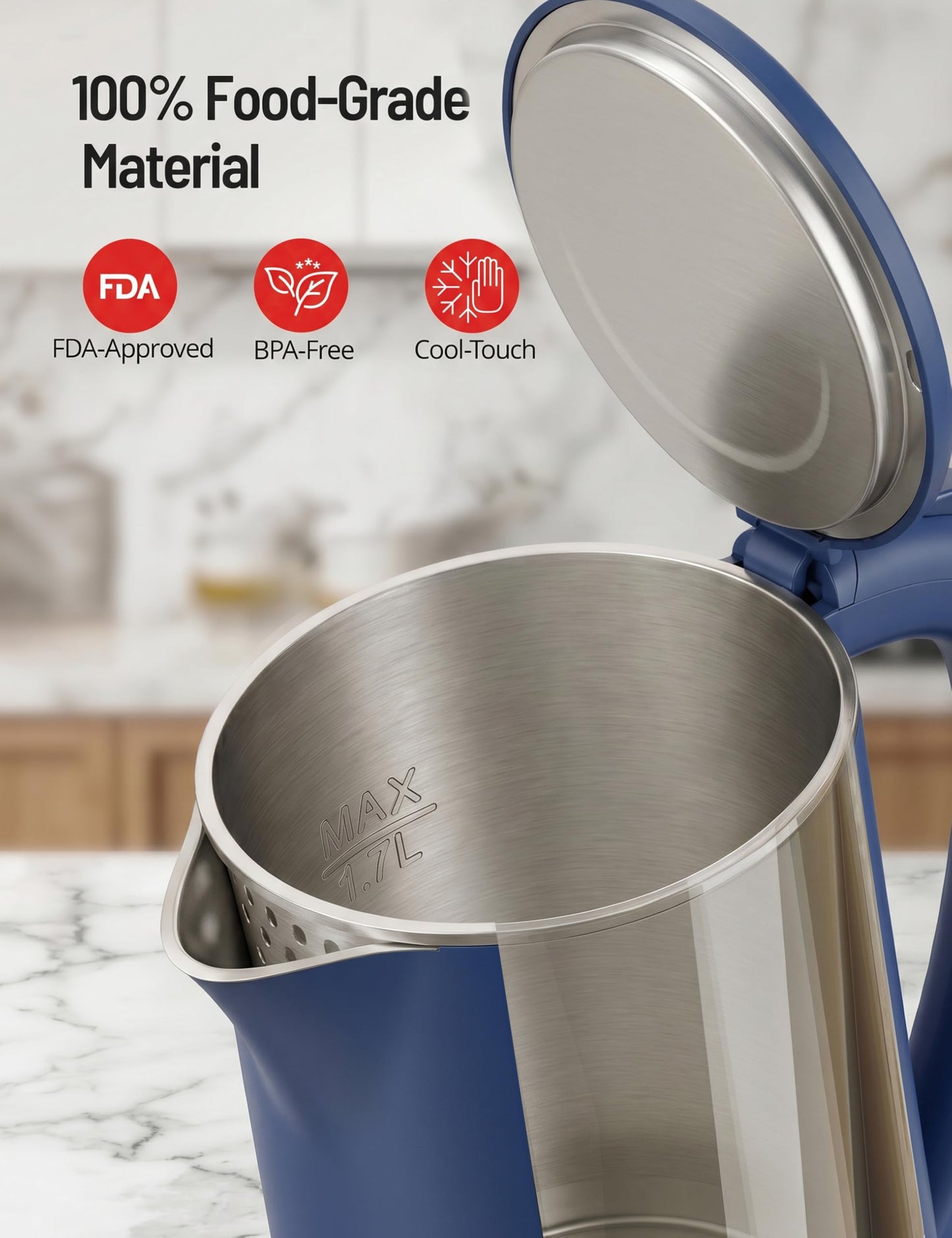 Electric Kettle 1.7L Stainless Steel Double Wall Fast Boil