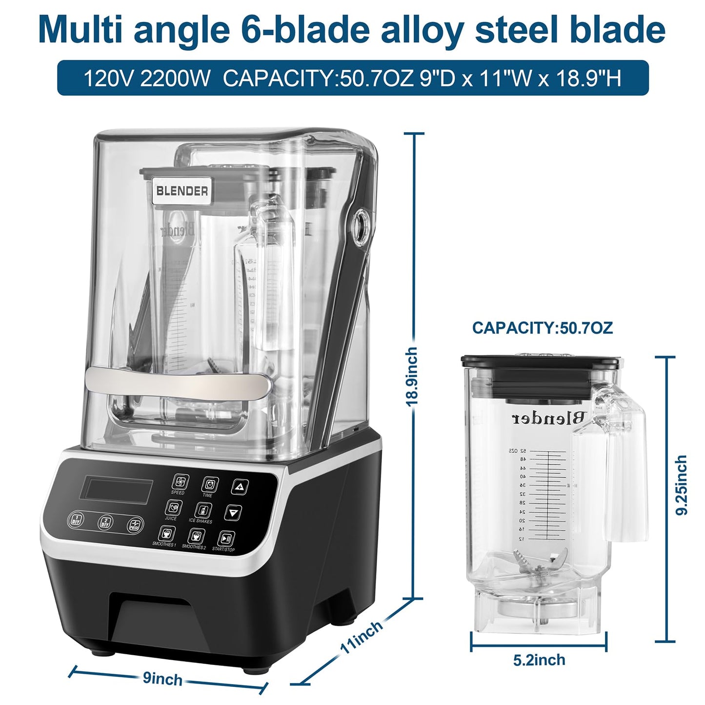 Commercial Blender 2200W 68oz Heavy Duty Quiet