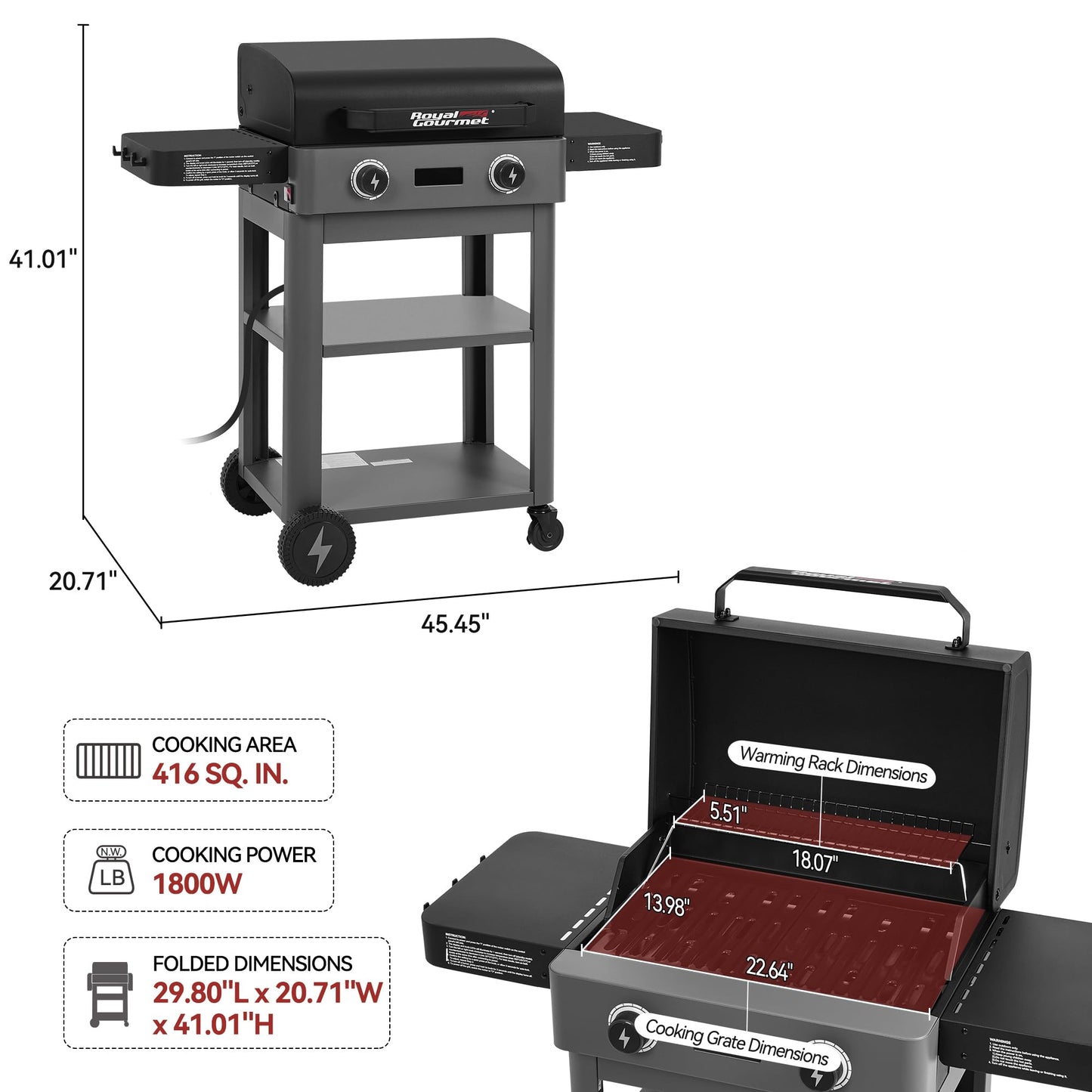 Dual Zone Electric Grill 1800W Outdoor Digital Thermometer