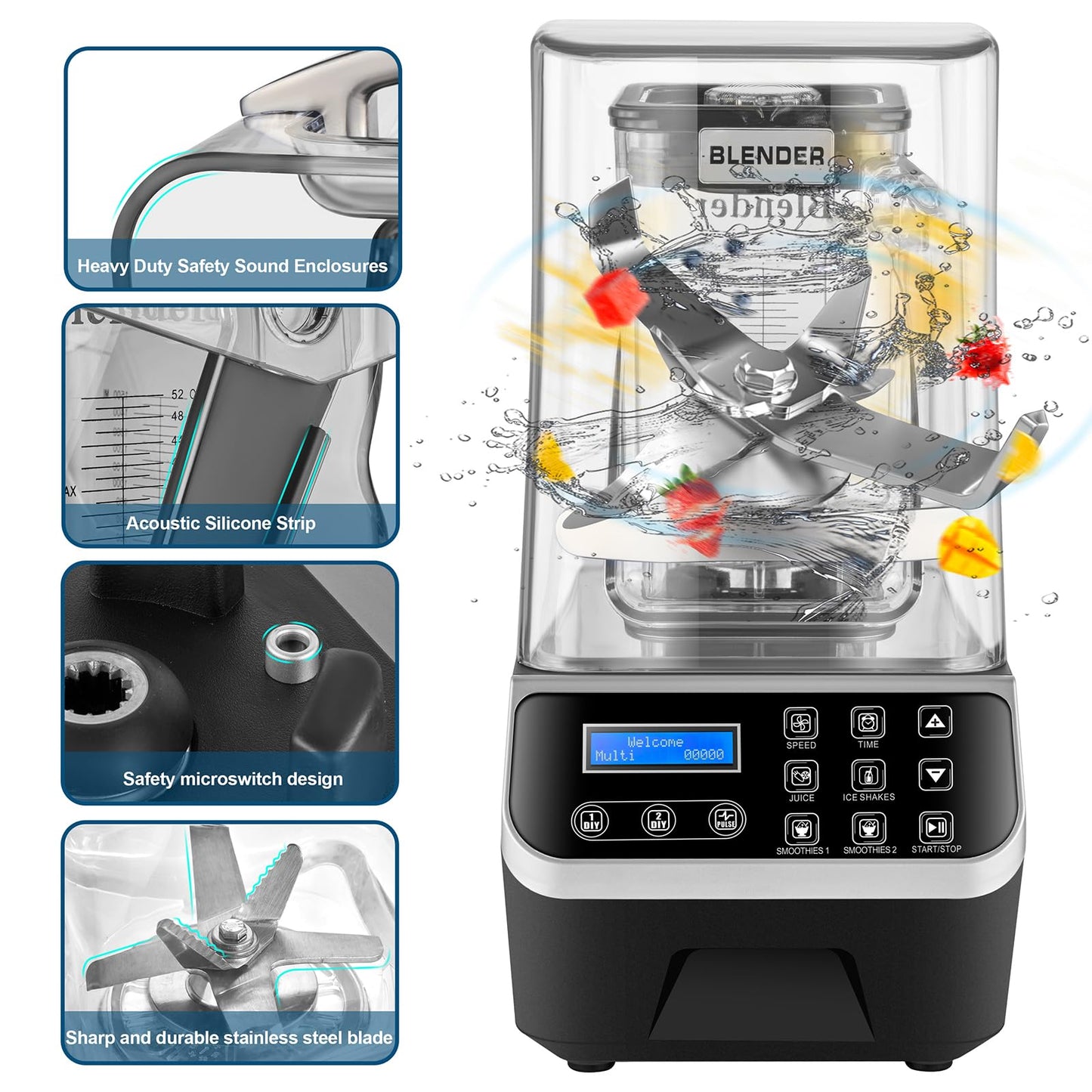 Commercial Blender 2200W 68oz Heavy Duty Quiet
