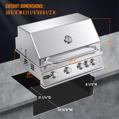 30 Inch Built In Gas Grill 4 Burner Stainless LED Infrared Rear Burner
