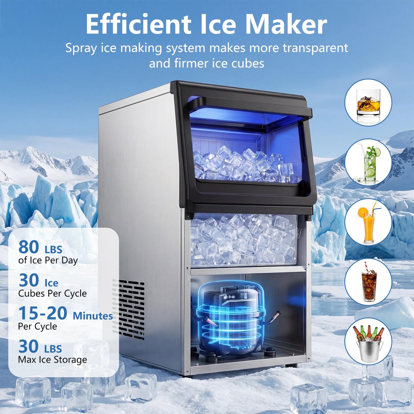 Commercial Undercounter Ice Maker 80Lbs 24H Clean