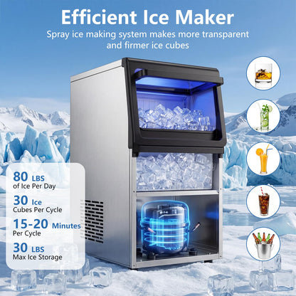Commercial Undercounter Ice Maker 80Lbs 24H Clean