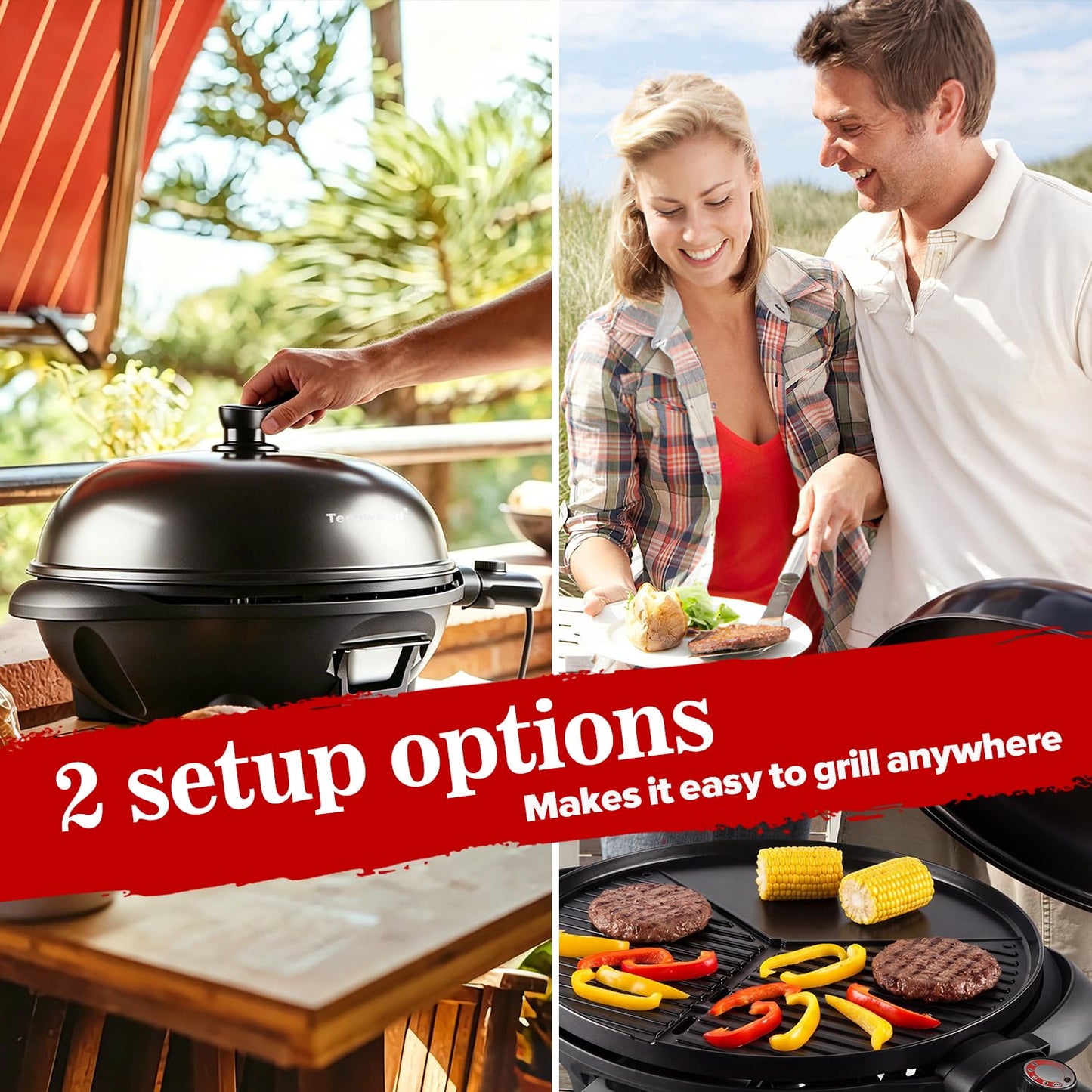2-in-1 Electric Grill Portable Indoor Outdoor Removable Stand Nonstick